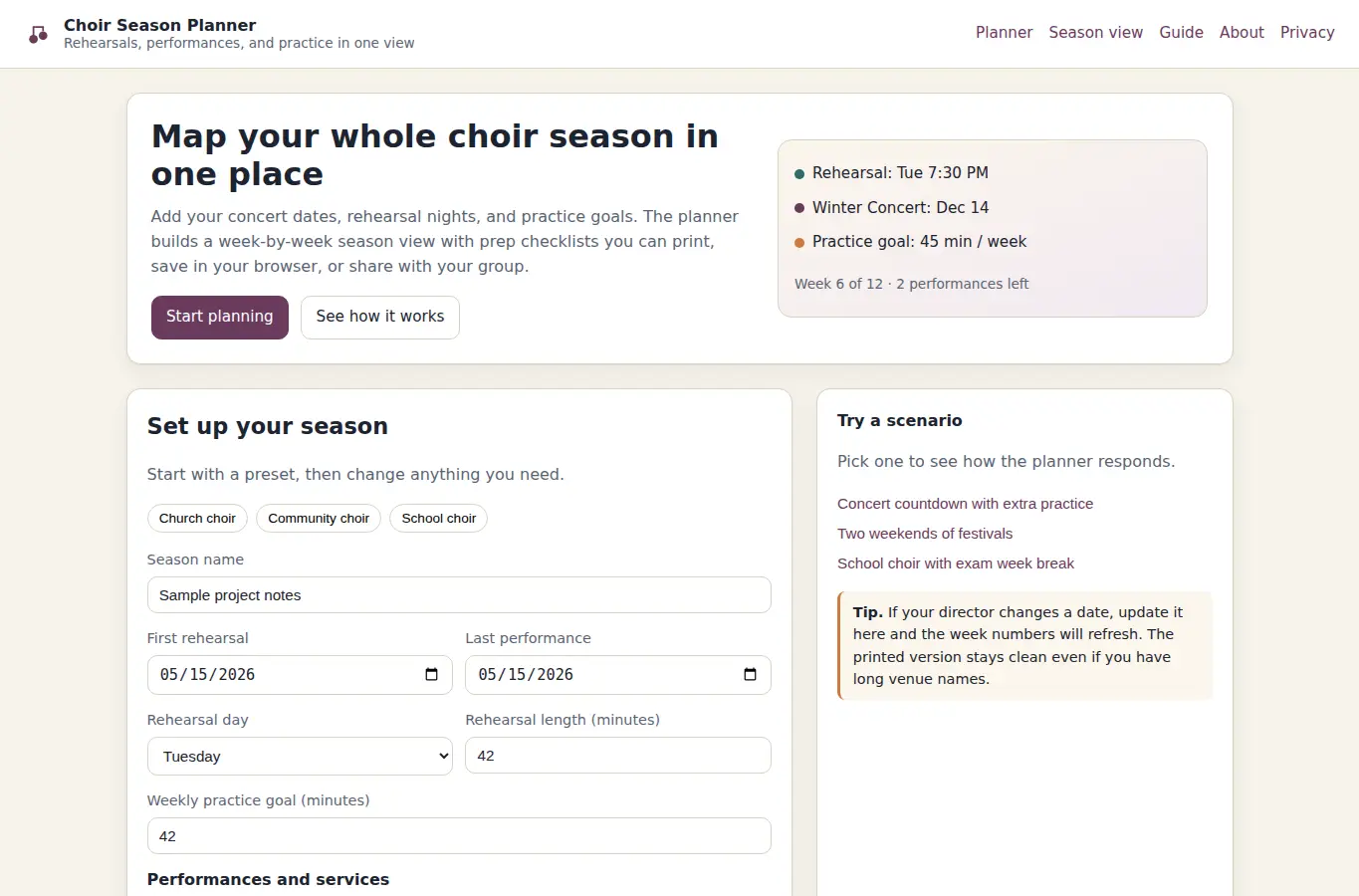 Screenshot of Choir Season Planner interface showing the project page in use